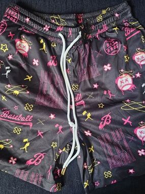 Adult Baseballism Black Graphic Baseball Shorts with Pink & Yellow Print